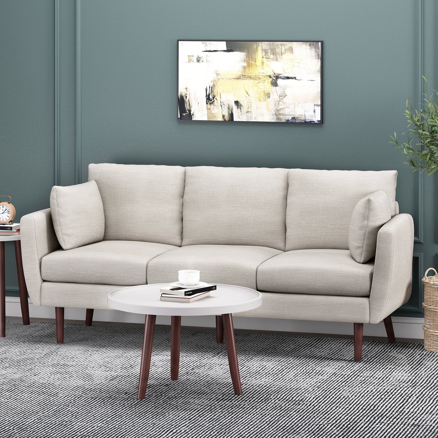 Diaphanous - Upholstered 3 Seater Sofa With 2 Accent Pillows And Wood Legs - Beige