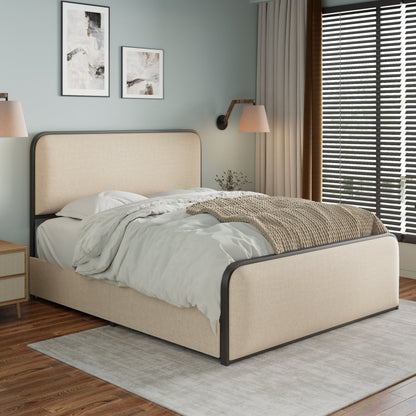 Modern Metal Bed Frame With Curved Upholstered Headboard And Footboard Bed With 4 Storage Drawers, Heavy Duty Metal Slats, King Size - Beige