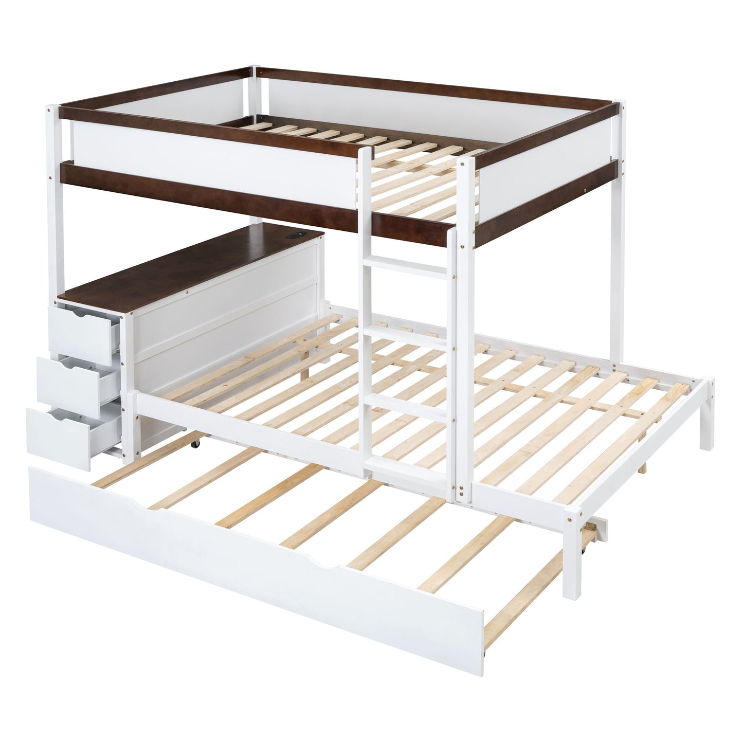 Full Over Full Bunk Bed With Twin Size Trundle, Storage And Desk - White / Walnut