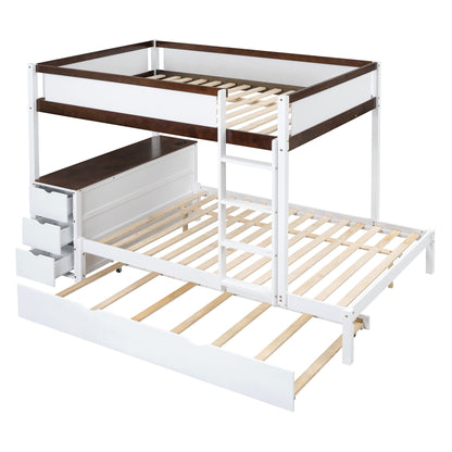 Full Over Full Bunk Bed With Twin Size Trundle, Storage And Desk - White / Walnut