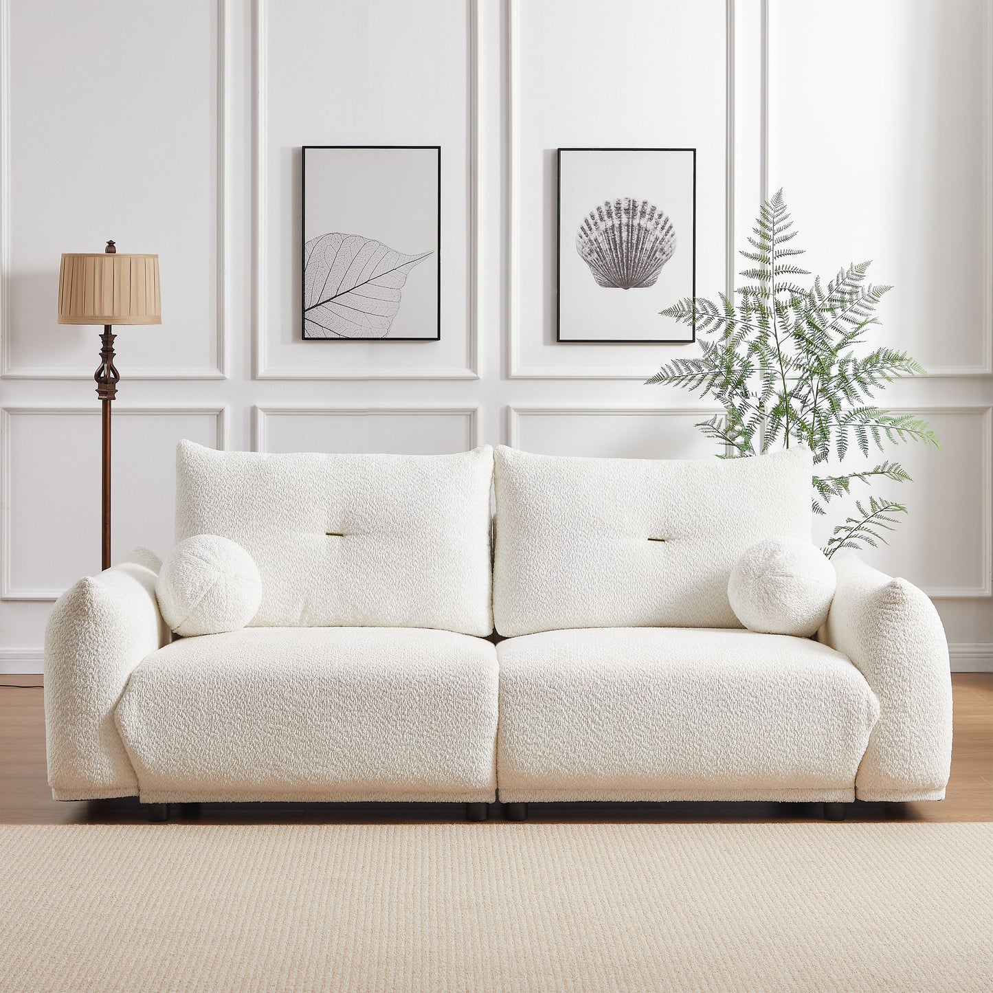Lamb's Wool 2 Seater Cushion Sofa Comfortable Sofa For Living Room Bedroom And Other Casual Spaces Lamb's Wool Sofa With 2 Cushions And 2 Ball Pillows - White