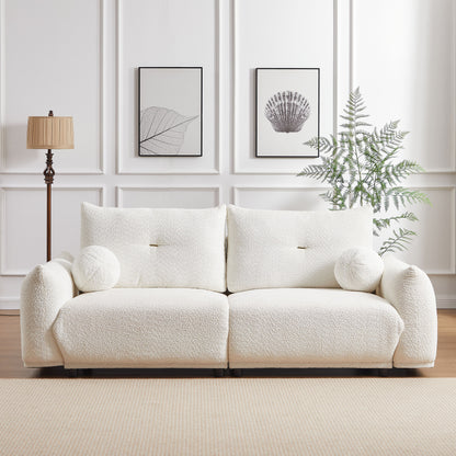 Lamb's Wool 2 Seater Cushion Sofa Comfortable Sofa For Living Room Bedroom And Other Casual Spaces Lamb's Wool Sofa With 2 Cushions And 2 Ball Pillows - White