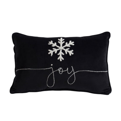 Velvet Pillow With Embroidered Joy And Frosty Snowflake, For Christmas Halloween Holiday Decor (Set of 2) - Black White