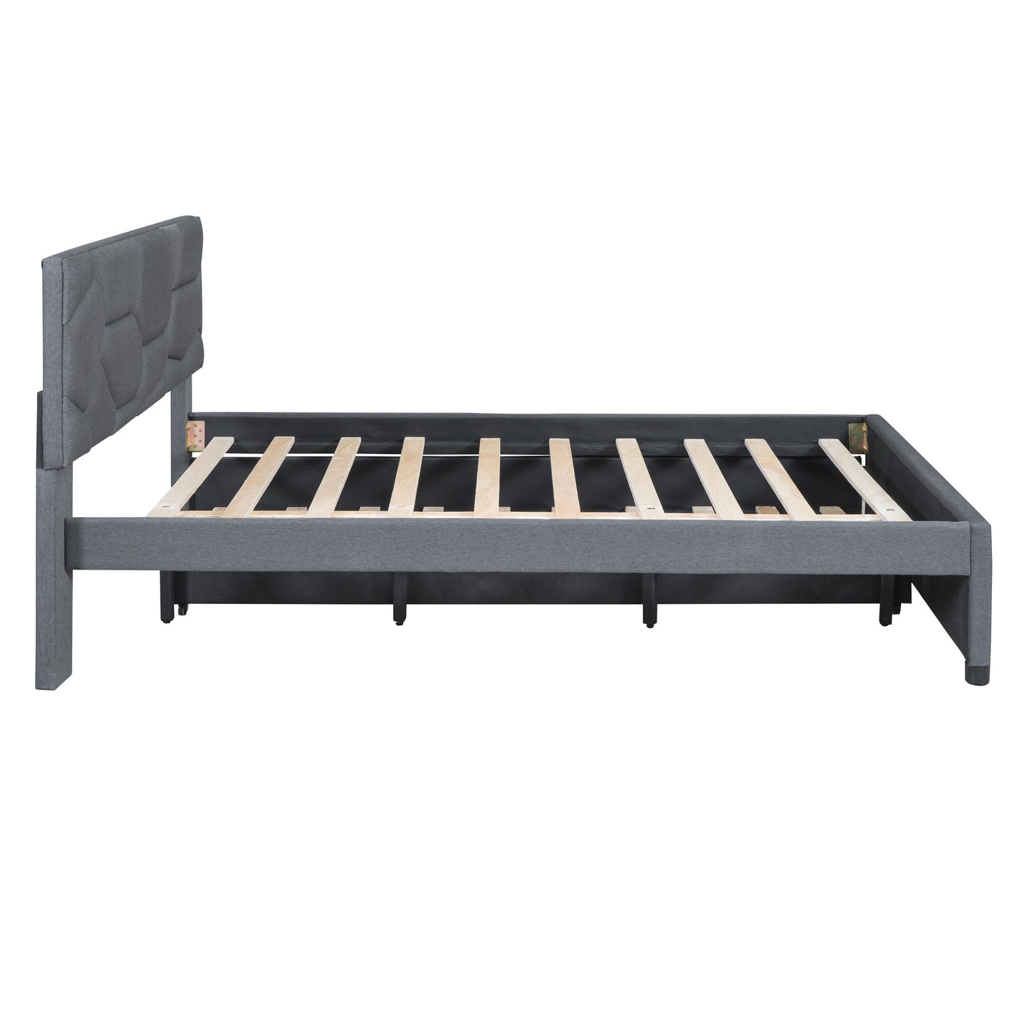 Queen Size Upholstered Platform Bed With Brick Pattern Headboard And Twin Long Size Trundle - Gray