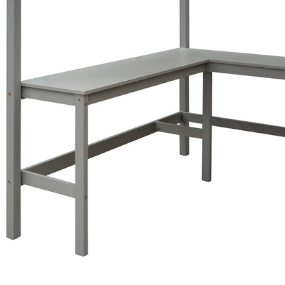 Full Size Loft Bed With Shelves With Desk - Gray