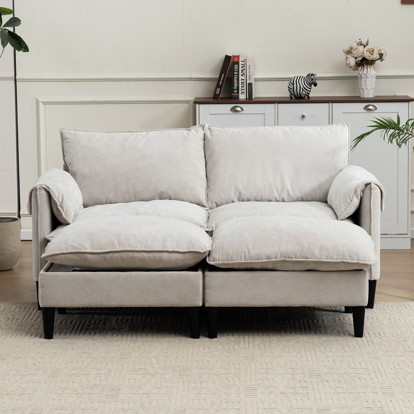 Convertible Combination Sofa, Sofa U Shaped, Sofa With Footstools With Storage Sofa For Living Room, Living Room 2 Seater Combination Sofa - Beige