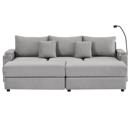 Modern Style 3 - Seater Sofa Sectional Sofa Couch With Storage Space, Two Movable Ottomans, Two USB Ports, Two Cup Holders, A Phone Holder For Living Room - Gray