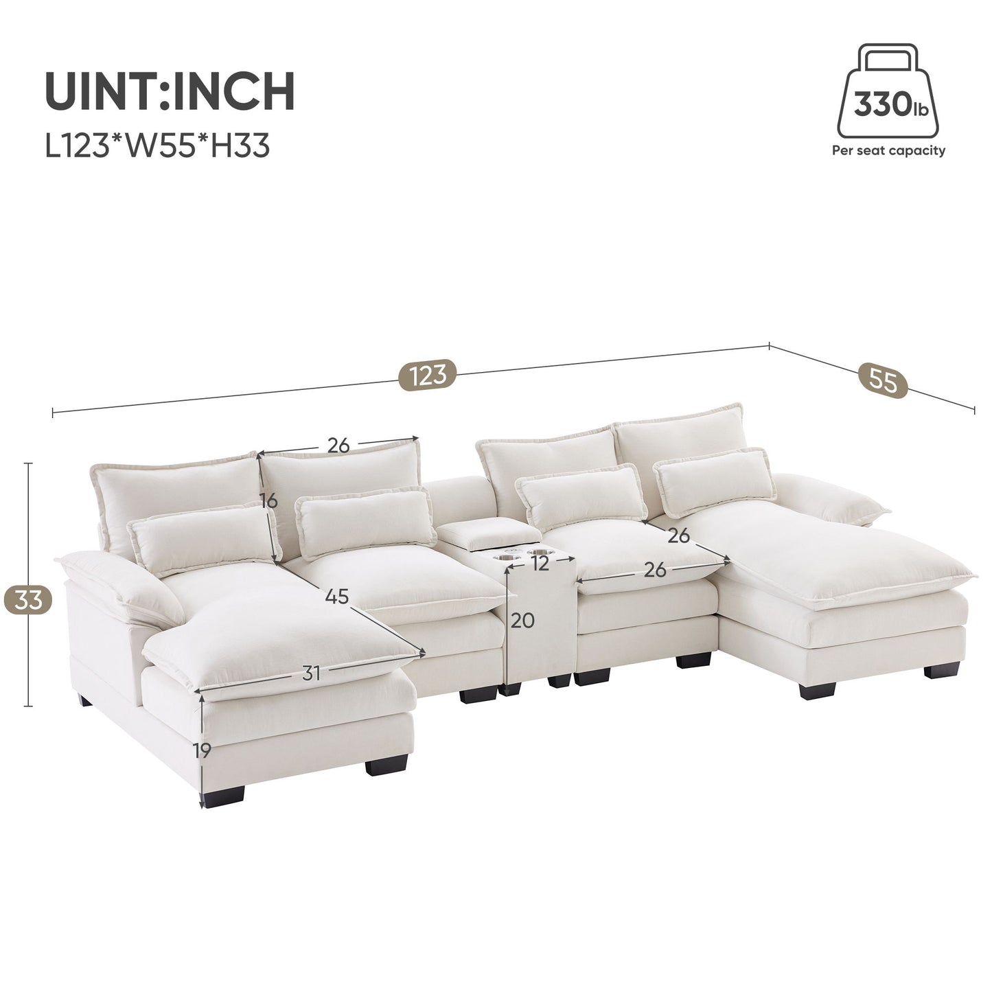 Modern U Shaped Sofa With Console, Cupholders And USB Ports, 6 Seat Upholstered Symmetrical Indoor Furniture, Sleeper Couch Set With Chaise - White
