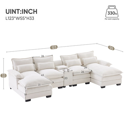 Modern U Shaped Sofa With Console, Cupholders And USB Ports, 6 Seat Upholstered Symmetrical Indoor Furniture, Sleeper Couch Set With Chaise - White