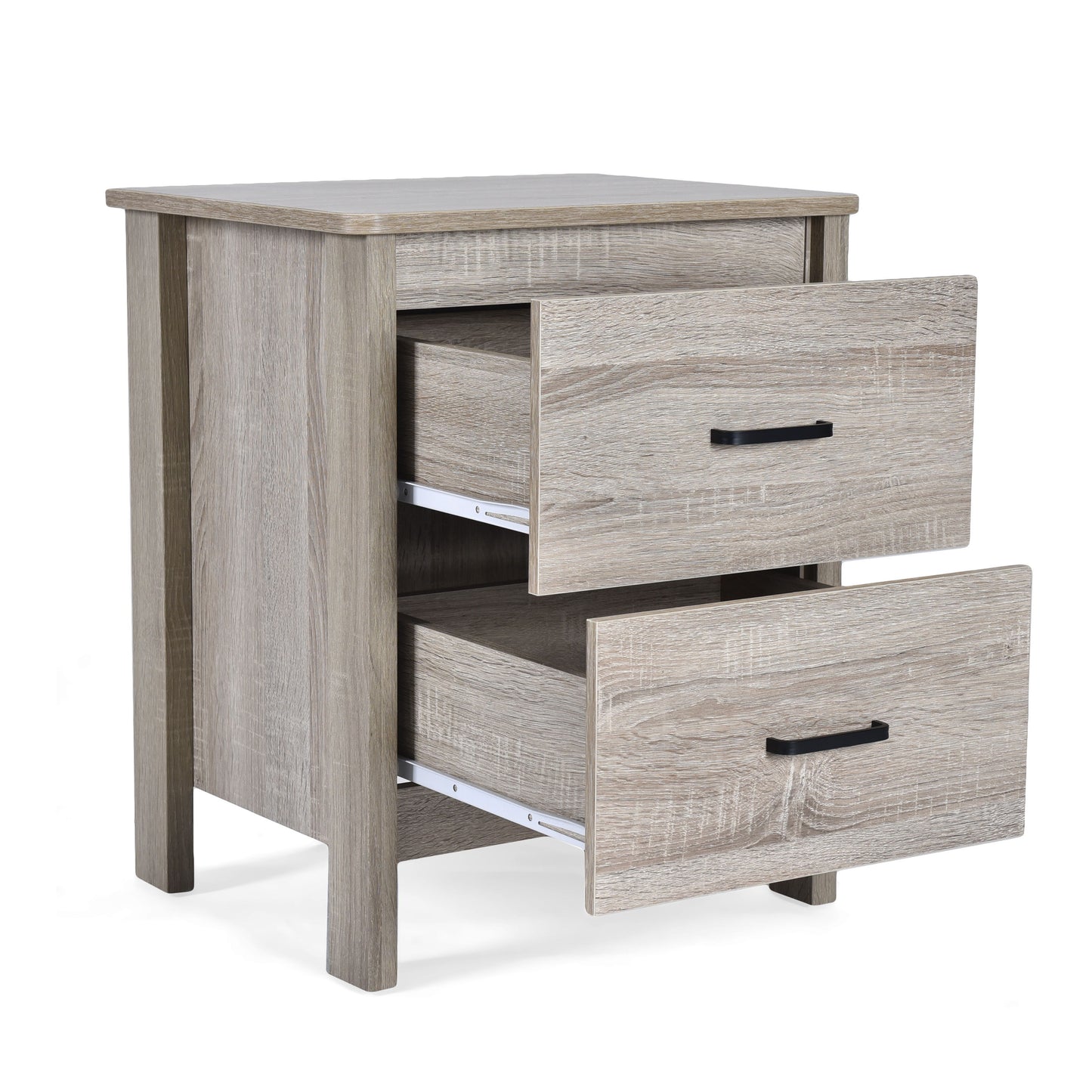 Wood Nightstand With 2 Drawers And Metal Handle - Oak