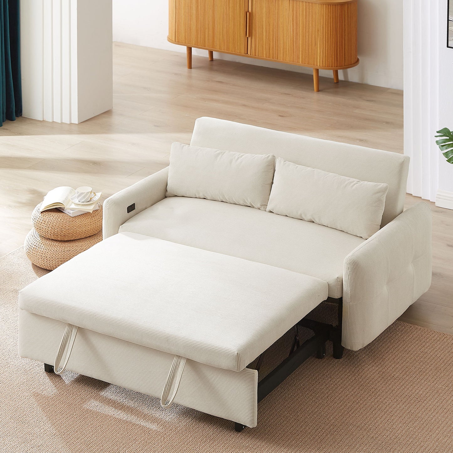 Pull Out Sofa Bed Convertible Couch 2 Seat Loveseat Sofa Modern Sleeper Sofa With 2 Throw Pillows And USB Ports For Living Room - Beige
