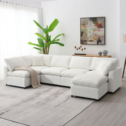 Modern Modular Cloud Sofa Bed, 6 Seat Chenille Sectional Couch Set With Ottoman, Free Combination, Convertible U Shaped Sleeper Sofa - Beige