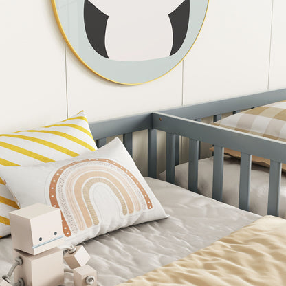 Double Twin Floor Bed With Fence, Guardrails, Without Door - Gray