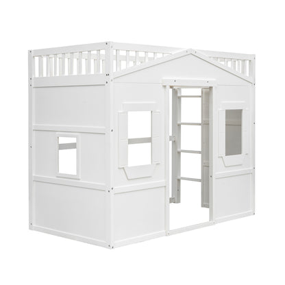Twin Size House Loft Bed With Ladder - White