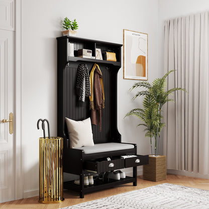 3 In 1 Wooden Hallway Hall Tree With Storage Drawers, Coat Rack, Shoe Rack Bench, And Cushion - Amber Graphite / Black