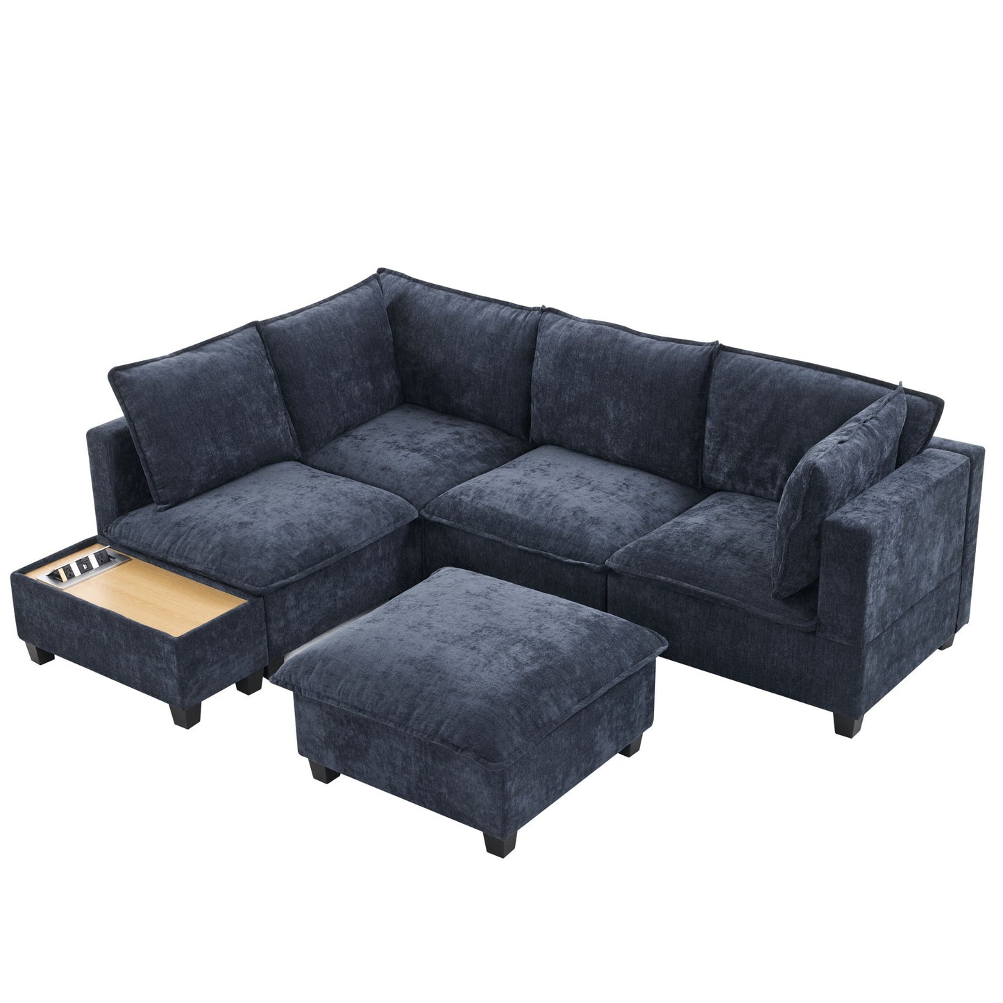U - Shaped Sectional Sofa Modular Sofa Couch With A Movable Ottoman, A Coffee Table With Hidden Charging Devices For Living Room - Blue