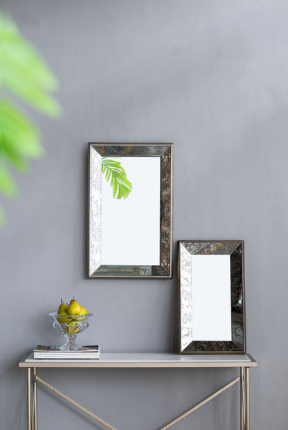 Antique Rectangle Mirror With Floral Accents, Mirrored Display Tray, Hanging Wall Mirror - Silver