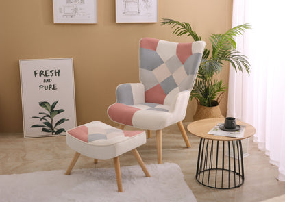 Accent Chair With Ottoman, Living Room Chair And Ottoman Set, Comfy Side Armchair For Bedroom, Creative Splicing Cloth Surface - Pink