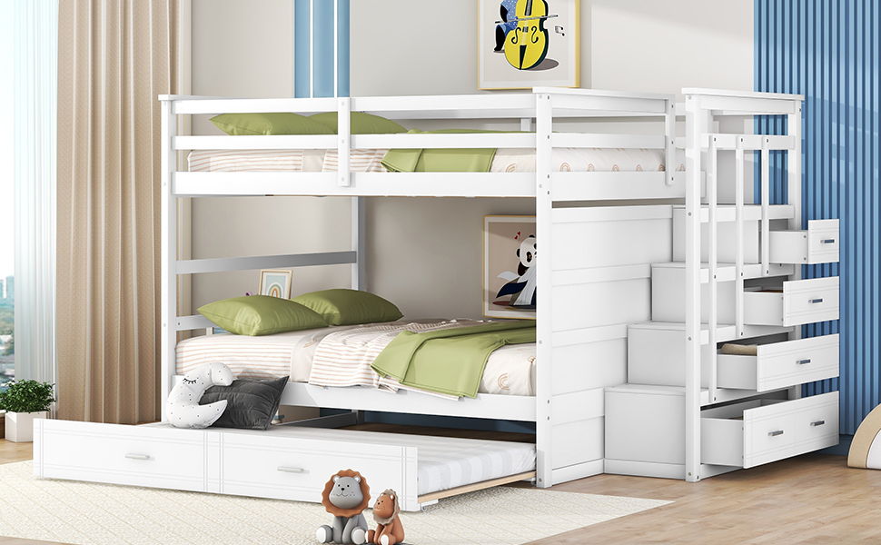 Full Over Full Bunk Bed With Twin Size Trundle And Staircase - White