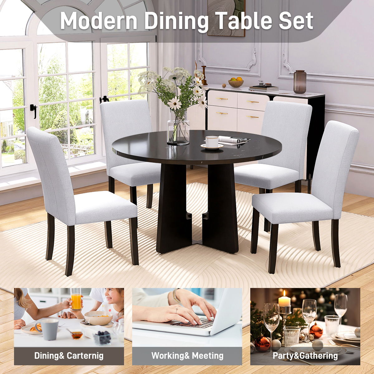 5 Piece Round Dining Table Set, Modern Dining Table And 4 Upholstered Chairs For Dining Room, Kitchen Room, Living Room - Beige / Black