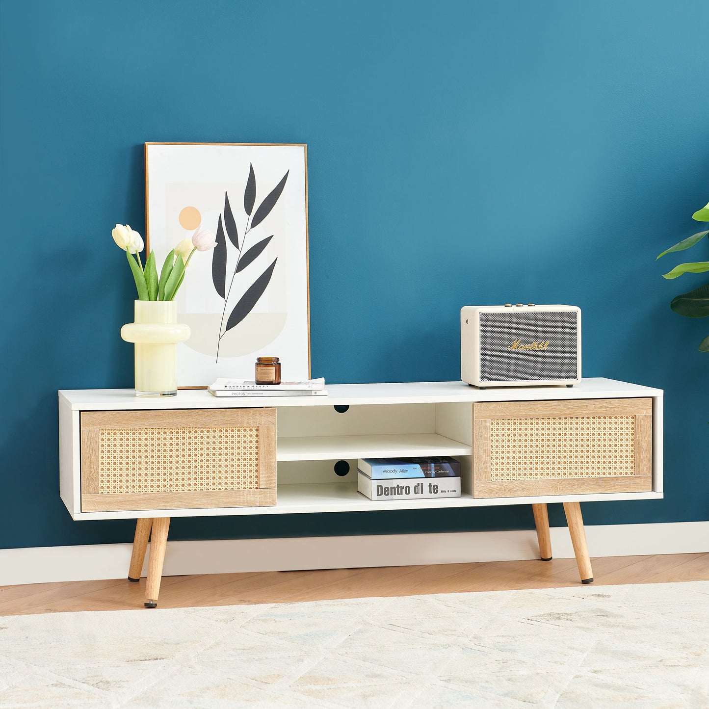 55.12" Rattan TV Cabinet, Double Sliding Doors For Storage, Adjustable Shelf, Solid Wood Legs, TV Console For Living Room - White