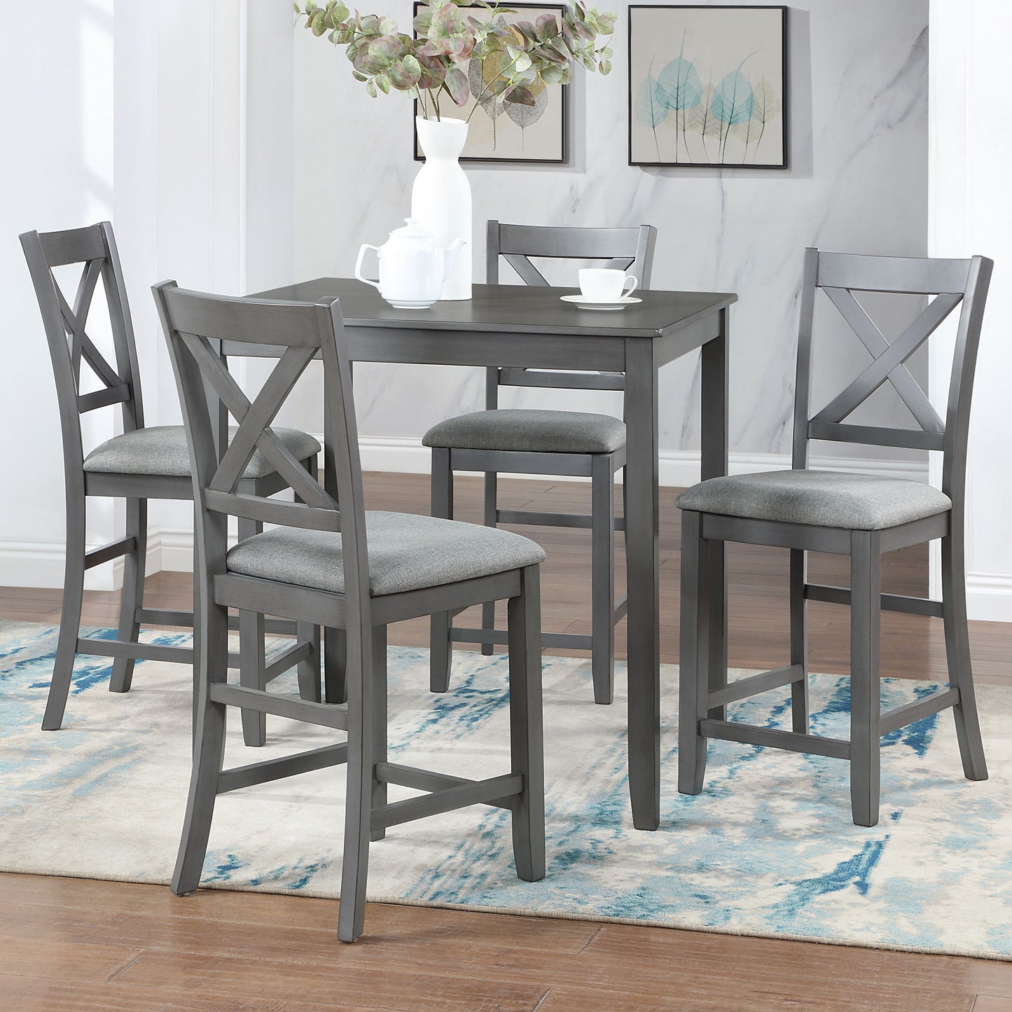 5 Piece Dining Table Set, Wooden Dining Square Table Set For 4, Counter Height Kitchen Table Set With Square Table And 4 Upholstered Chairs For Small Space - Gray