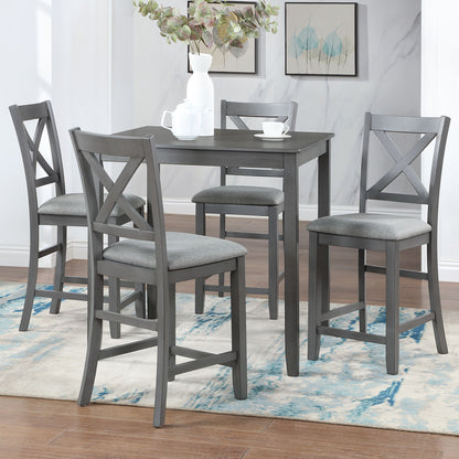 5 Piece Dining Table Set, Wooden Dining Square Table Set For 4, Counter Height Kitchen Table Set With Square Table And 4 Upholstered Chairs For Small Space - Gray