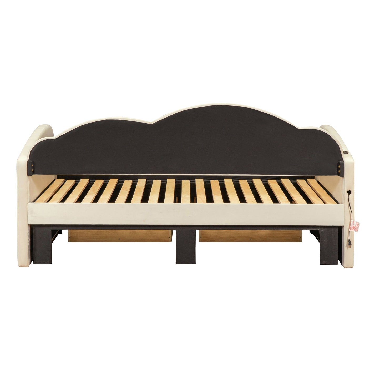 Twin Size Upholstered Daybed With Cloud-Shaped Backrest, Trundle & 2 Drawers And USB Ports - Beige