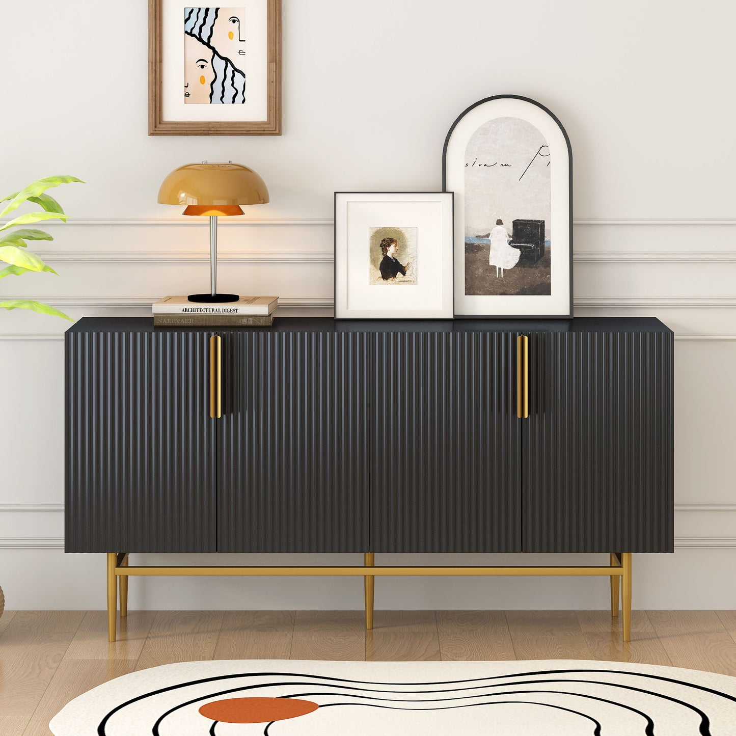Modern Elegant 4 Door Sideboard Gold Metal Handle Buffet Cabinet For Dining Room, Living Room, Bedroom, Hallway - Black