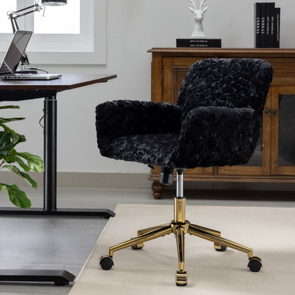 Office Chair, Artificial Rabbit Hair Home Office Chair With Golden Metal Base, Adjustable Desk Chair Swivel Office Chair, Vanity Chair - Black