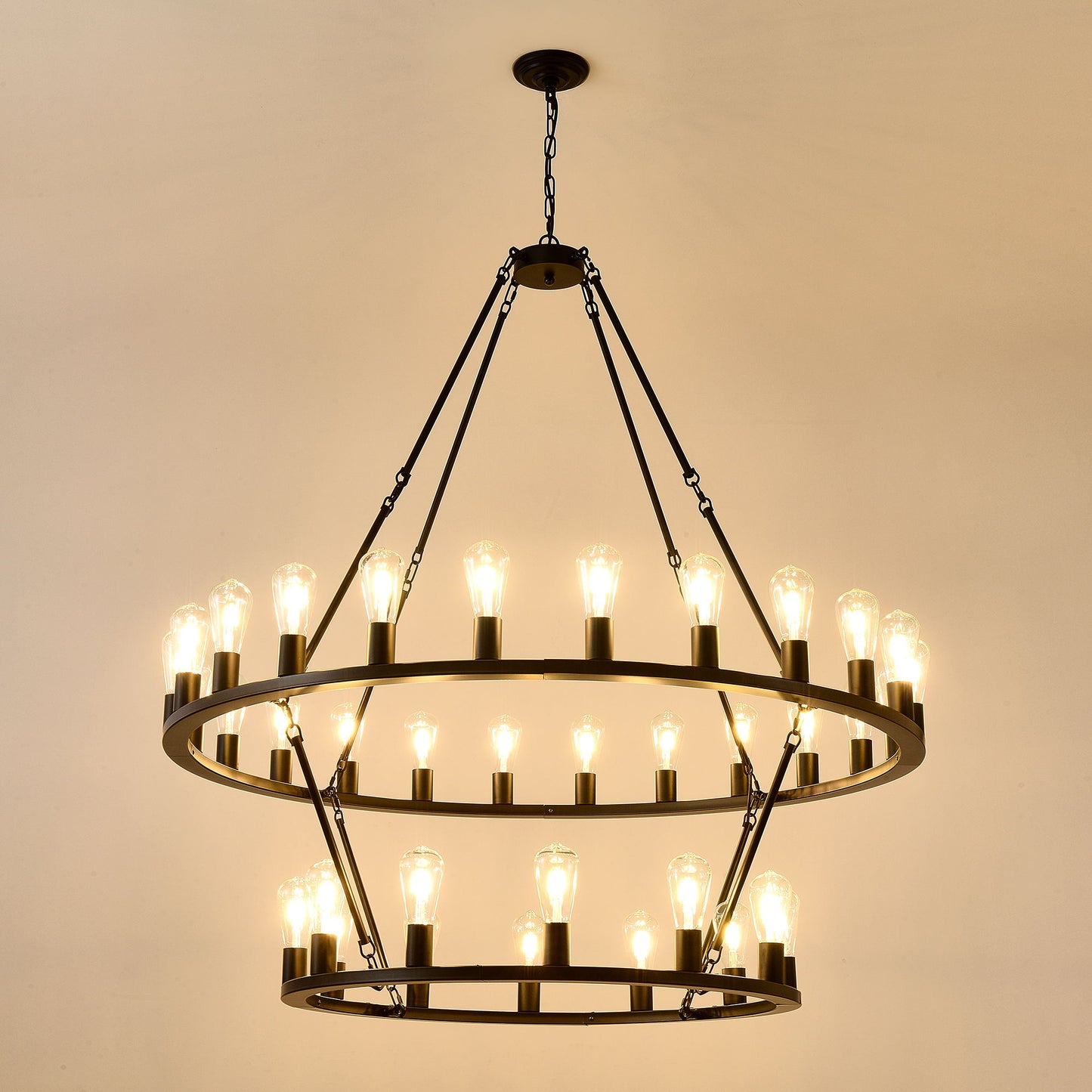 Extra Large Wagon Wheel Chandelier, 2 Tier 36 Lights (No Include) Farmhouse Industrial Round High Ceiling Pendant Light Adjustable Chain, For Dining Room, Living Room, Kitchen - Black