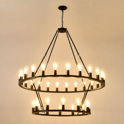 Extra Large Wagon Wheel Chandelier, 2 Tier 36 Lights (No Include) Farmhouse Industrial Round High Ceiling Pendant Light Adjustable Chain, For Dining Room, Living Room, Kitchen - Black