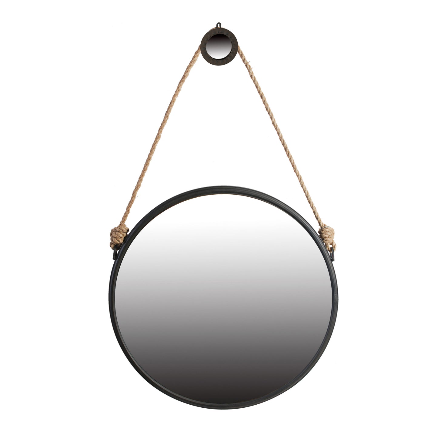 On Trend Hanging Round Mirror With Framed And With Rope Strap Contemporary Industrial Decor For Bathroom - Black