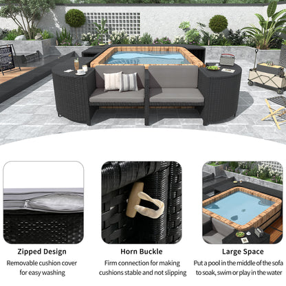 Spa Surround Spa Frame Quadrilateral Outdoor Rattan Sectional Sofa Set With Mini Sofa, Wooden Seats And Storage Spaces - Gray
