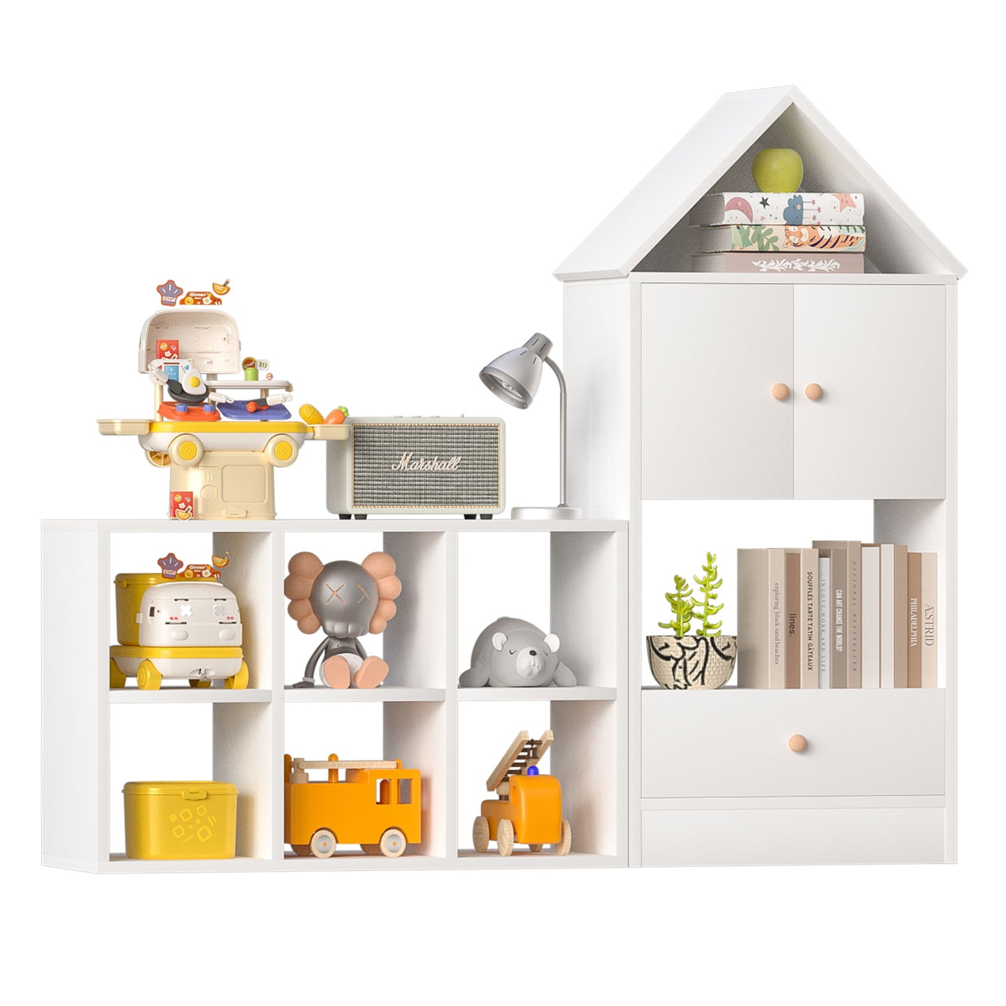 Versatile Kids Bookshelf With House-Shaped Design Multifunctional Storage, Durable - White