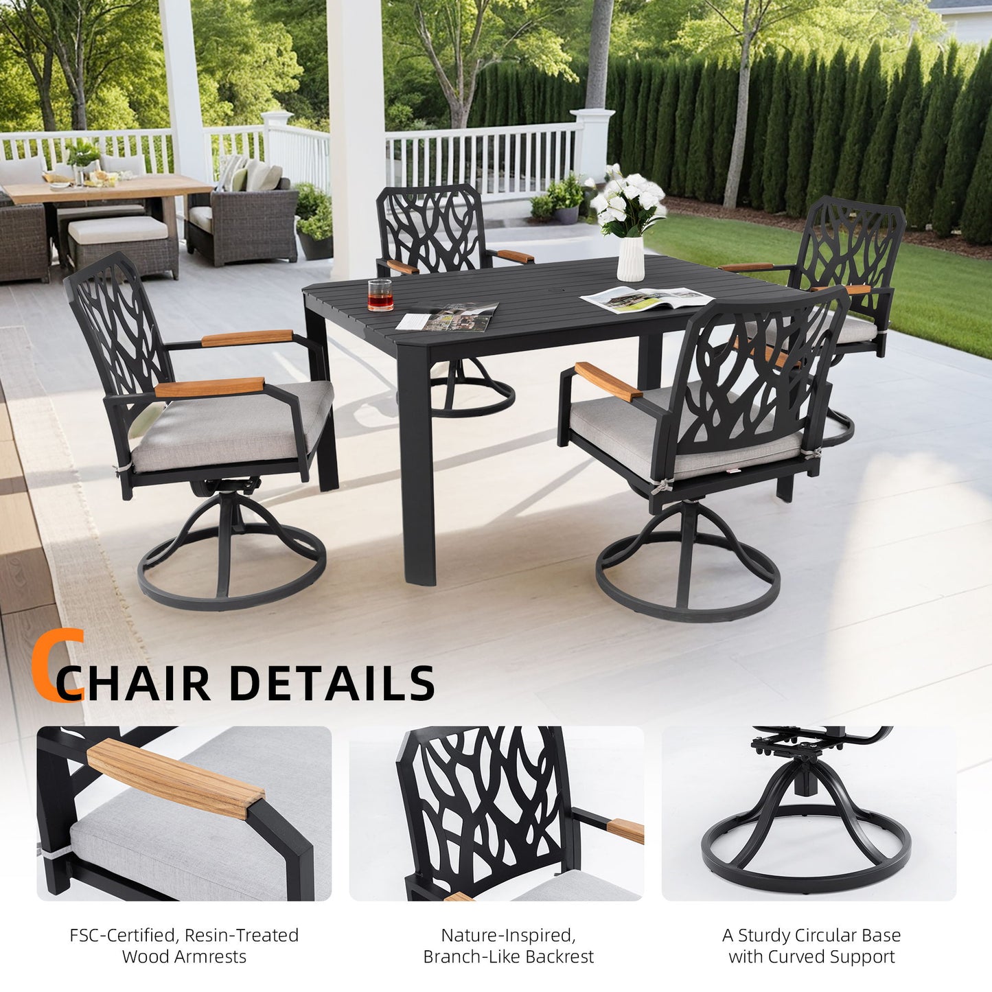 5 Pieces Outdoor Patio Furniture Set, 4 Swivel Rockers Sunbrella Fabric Cushioned, Rectangular Table With Umbrella Hole - Bourbon Brown