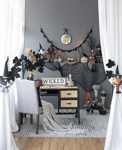 Standing Gnome With Gnome & Holding Banner, For Halloween Decor - Black / Orange / White