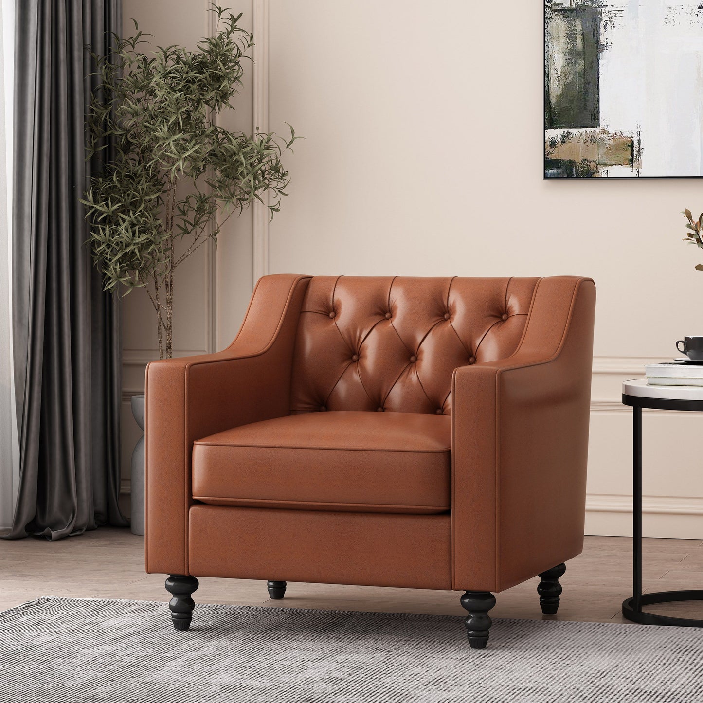 Contemporary Club Chair With Button Tufting And Diamond Stitching - Light Brown
