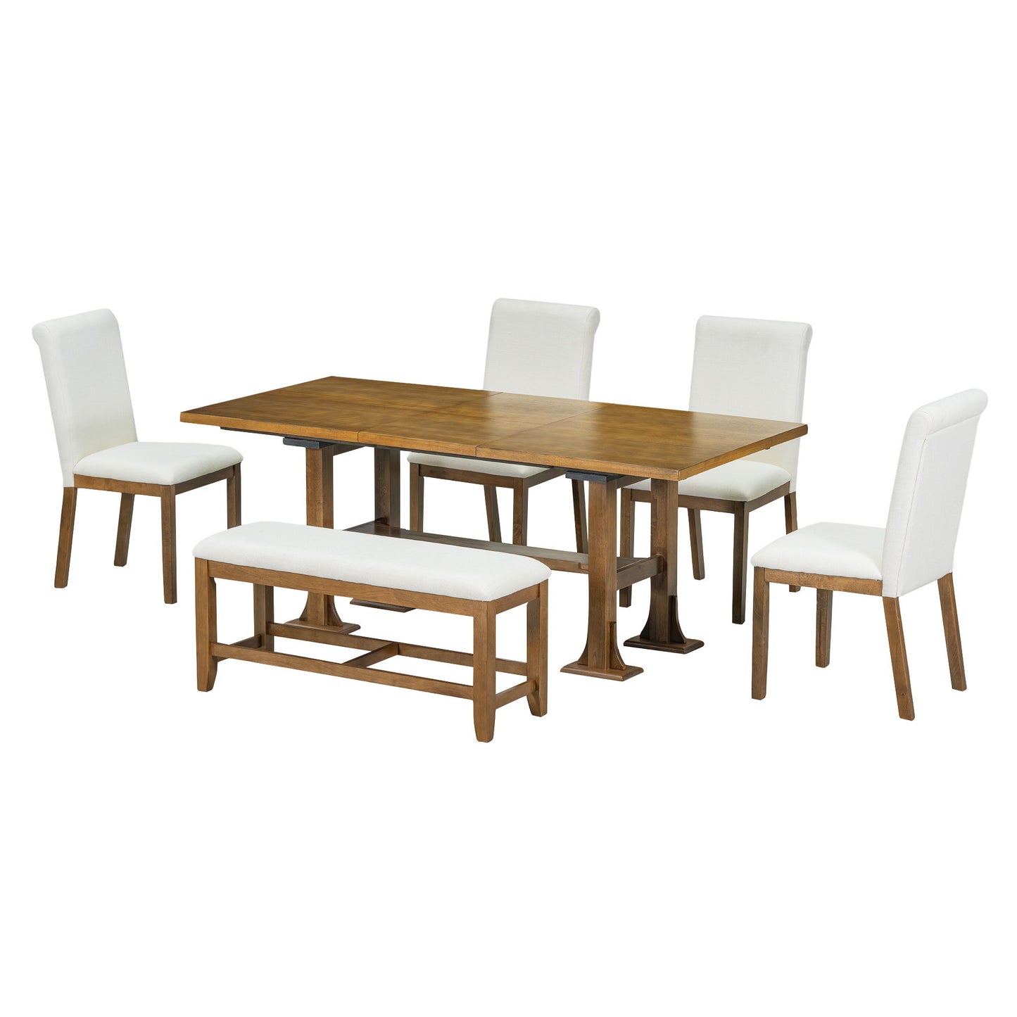 Topmax - 6 Piece Farmhouse Extendable Dining Table Set Trestle Kitchen Table Set With Removable Leaf And Upholstered Dining Chair And Bench For Dining Room - Dark Brown
