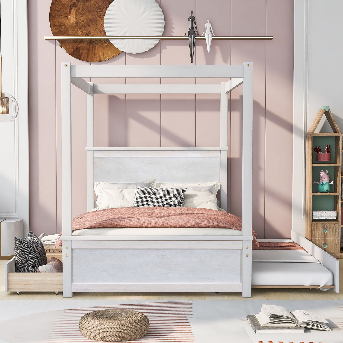 Full Size Canopy Platform Bed With Trundle Bed And 2 Drawers, Support Slats, No Box Spring Needed - Brushed White