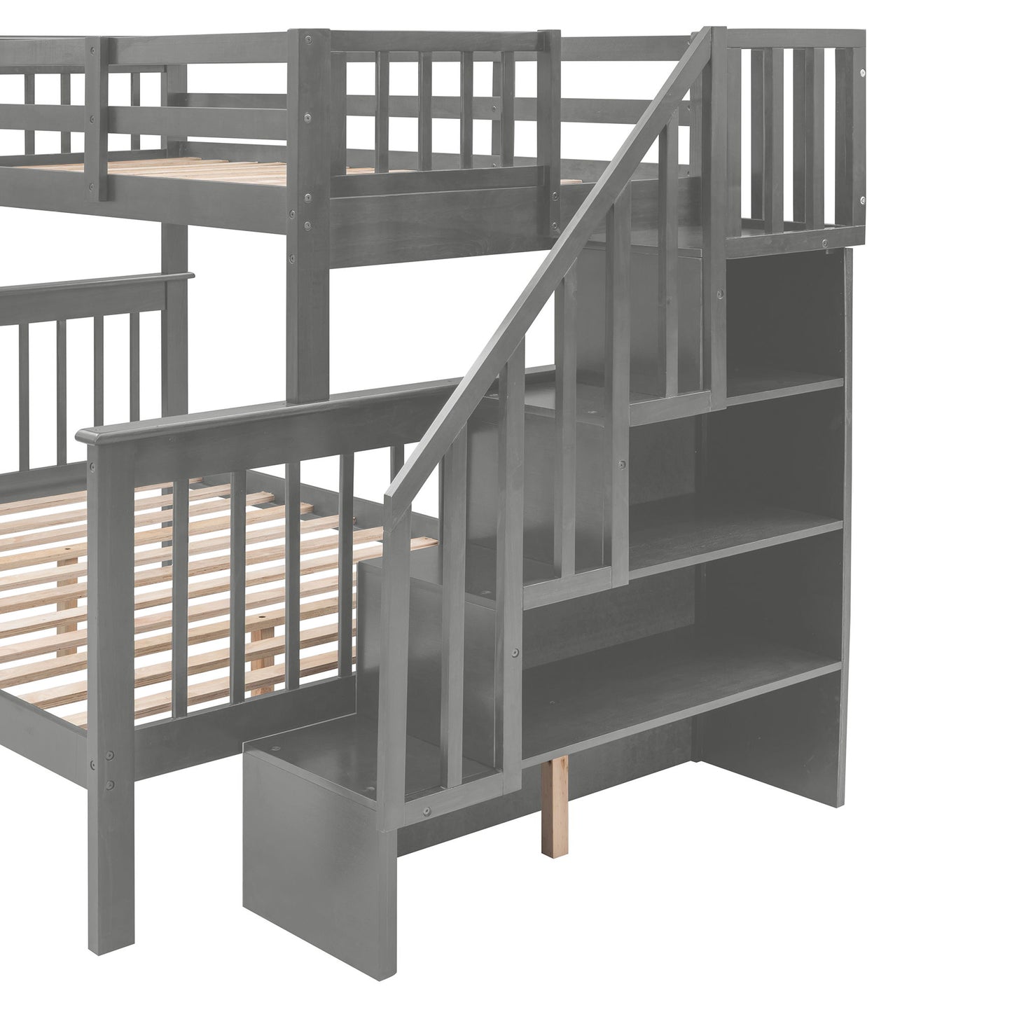 Twin Over Full Stairway Bunk Bed With Drawer, Storage And Guard Rail For Bedroom - Gray