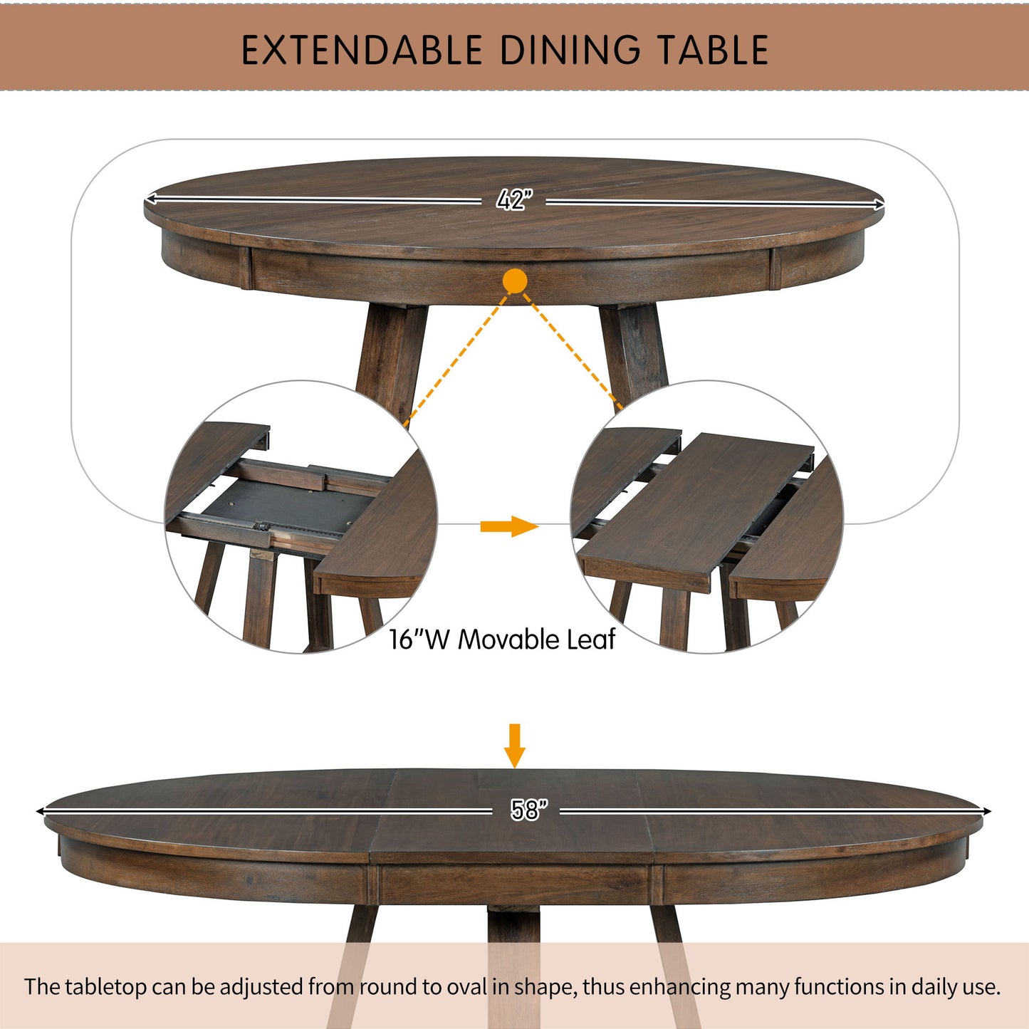 5 Piece Retro Functional Dining Set, Round Table With Leaf And 4 Upholstered Chairs For Dining Room And Living Room - Walnut