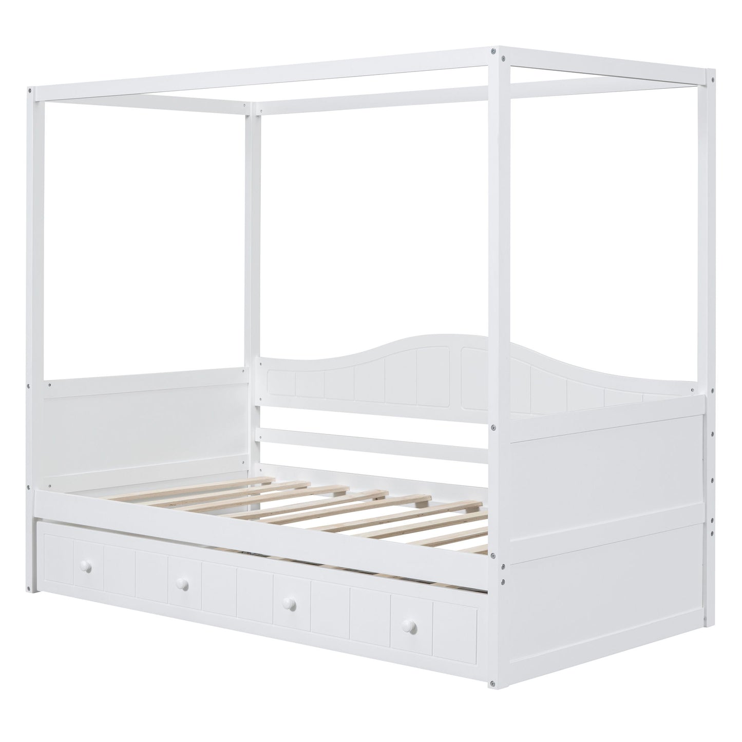 Twin Size Canopy Day Bed With Twin Size Trundle - White