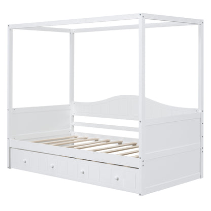 Twin Size Canopy Day Bed With Twin Size Trundle - White