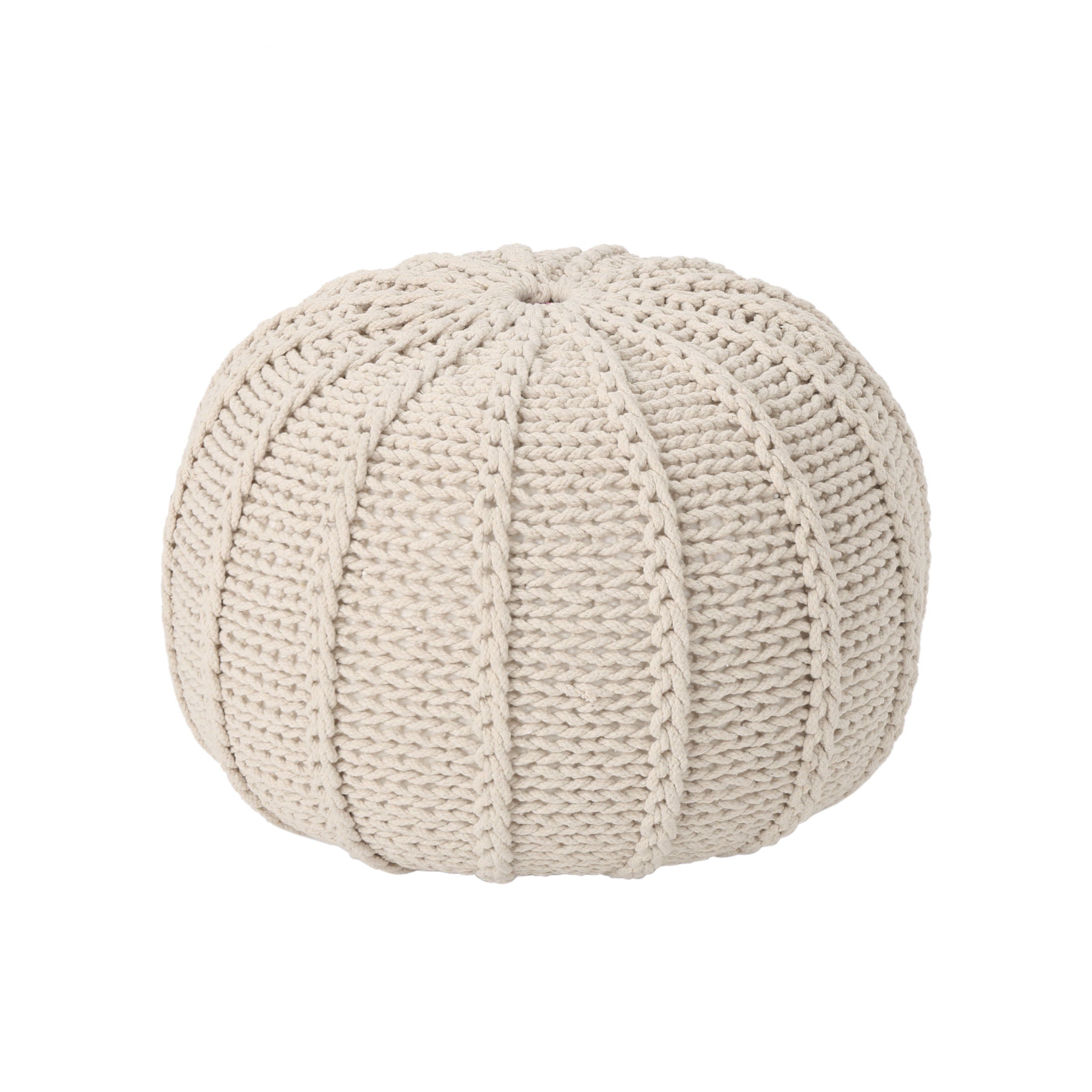 Bordeaux - Knitted Cotton Round Pouf, Versatile Ottoman And Floor Cushion - Beige