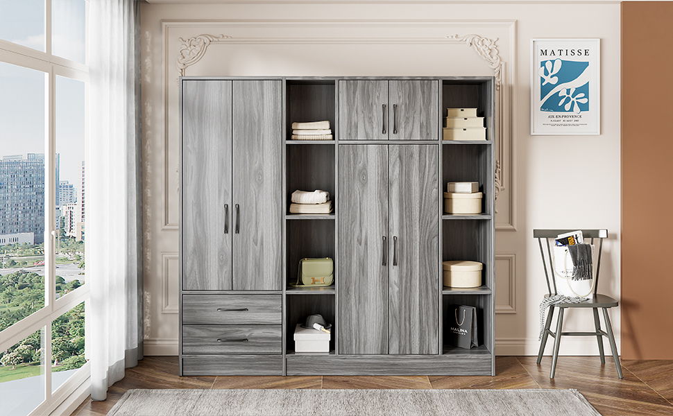 6 Door Wardrobe With Shelves And Drawers - Gray