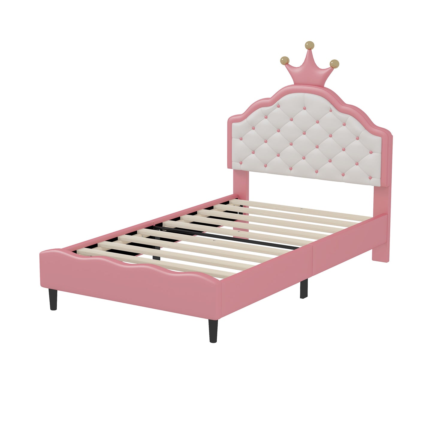 Twin Size Lovely Crown Fantasy Leather Princess Bed With Tufted Headboard - Pink / Cream