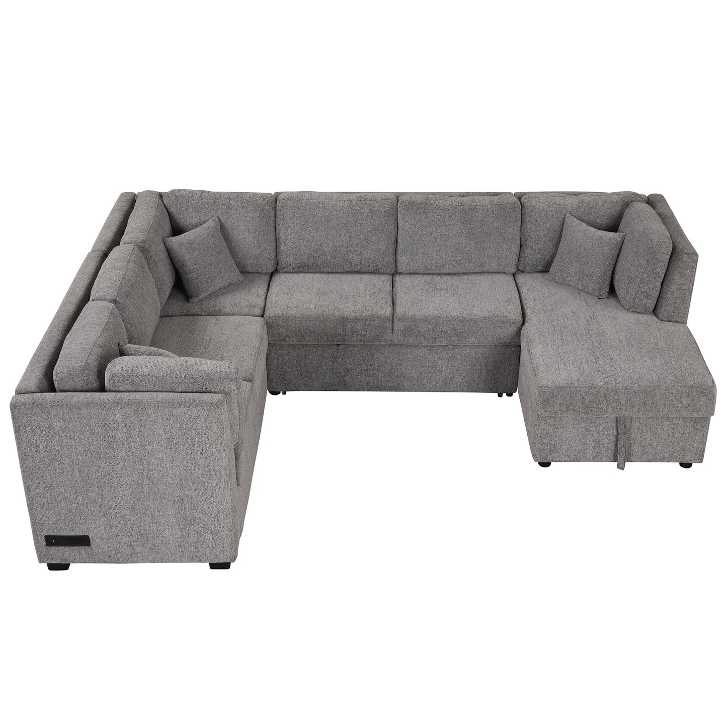 U-Shaped Sectional Sofa Pull Out Sofa Bed With Two USB Ports, Two Power Sockets, Three Back Pillows And A Storage Chaise For Living Room - Light Gray