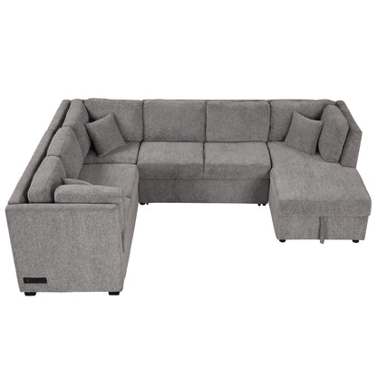 U-Shaped Sectional Sofa Pull Out Sofa Bed With Two USB Ports, Two Power Sockets, Three Back Pillows And A Storage Chaise For Living Room - Light Gray