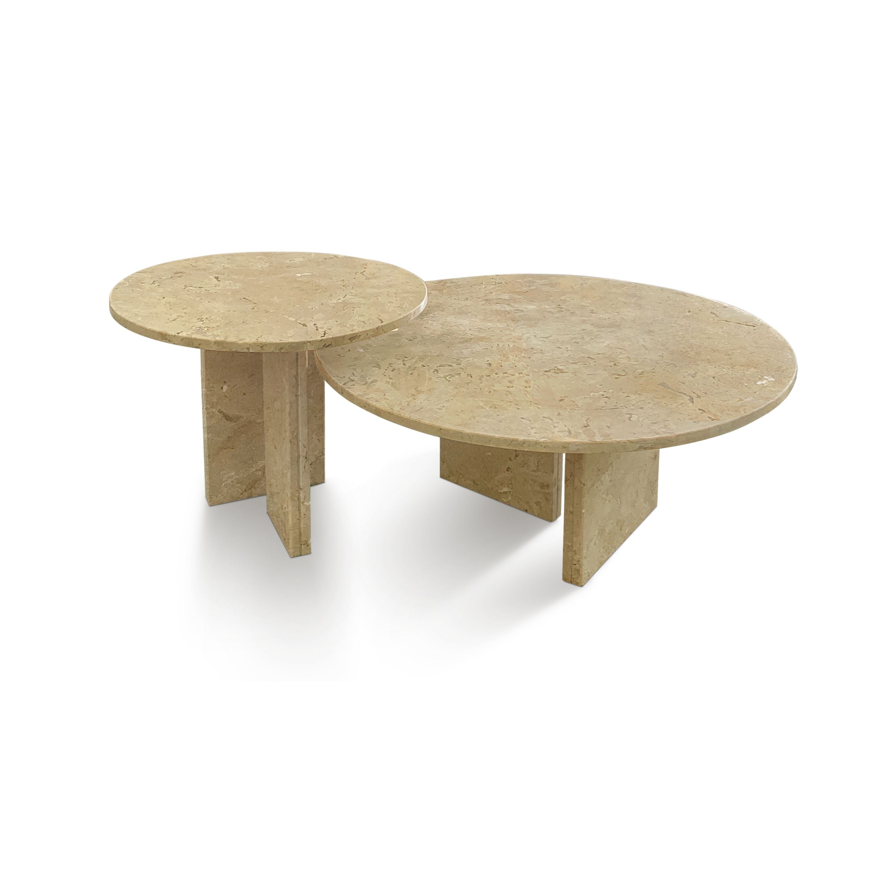 Elegant Marble Coffee Table Set Natural Stone - Gold Yellow Beige, Small Living Room Table Duo - Beige / Gold / Beige / Yellow